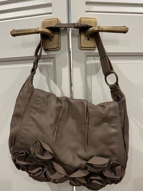 Vince Camuto Taupe Leather Hobo with Ruffle Trim
